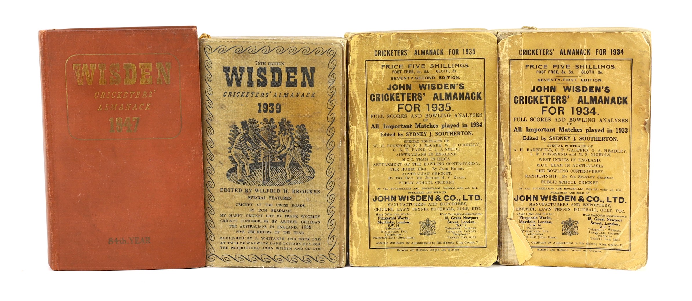 Wisden, John - Cricketers’ Almanack, 3 vols, for 1934-35 and 1939, original wraps, and 1947, original boards (4)